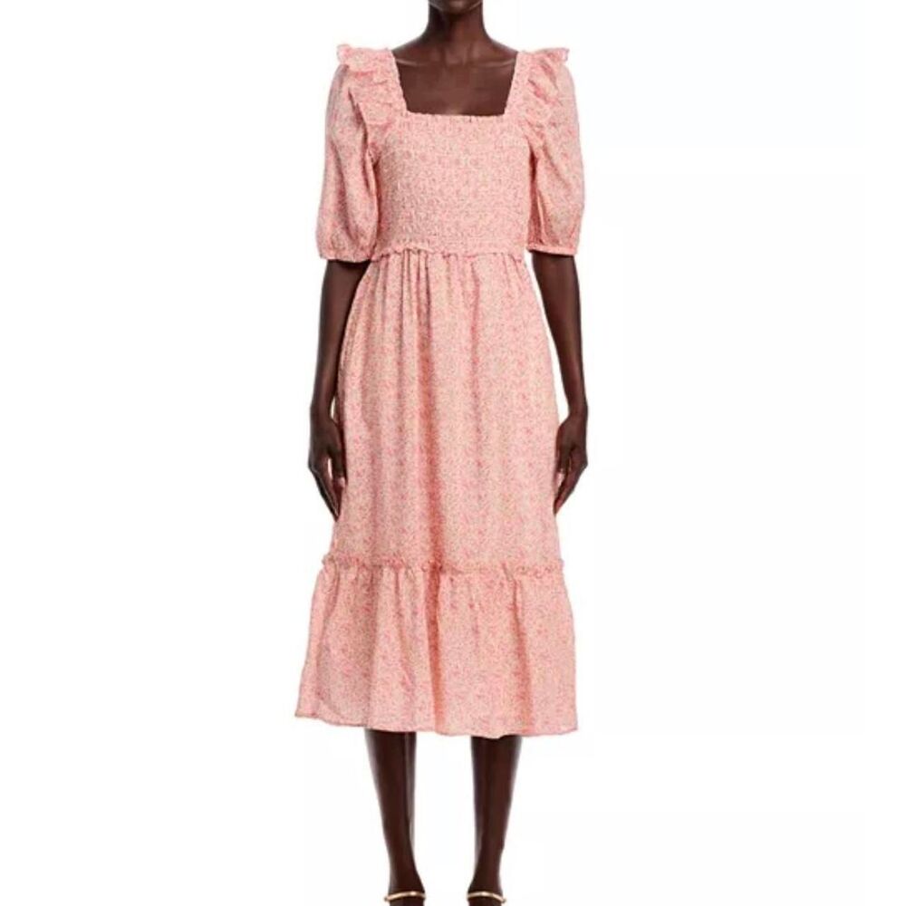 Boho Cottage Cotton Silk Floral Smocked Puff Sleeve Midi Dress